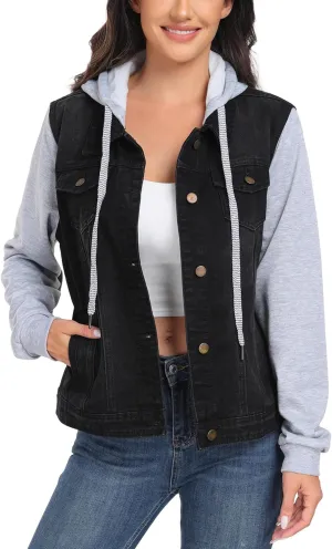 J.Corrine Women's Classic Casual Hooded Denim Jacket Drawstring Vintage Washed Jean Jacket Sweatshirt with Pockets