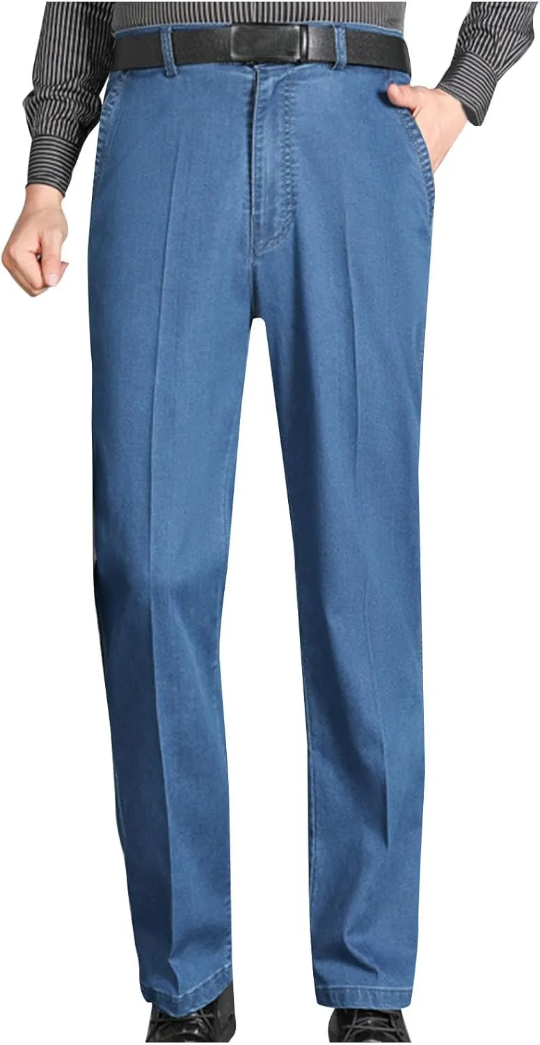 Jeans for Men Relaxed Fit High Waisted Stretch Thin Denim Pants Lightweight Comfy Casual Business Trouser with Pocket