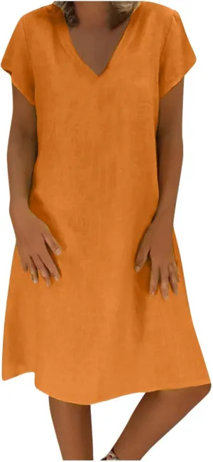 JOAU Women's 2024 Summer Cotton Linen Midi Dress V Neck Beach Vacation Short Sleeve Casual Knee Length Shirt Dresses