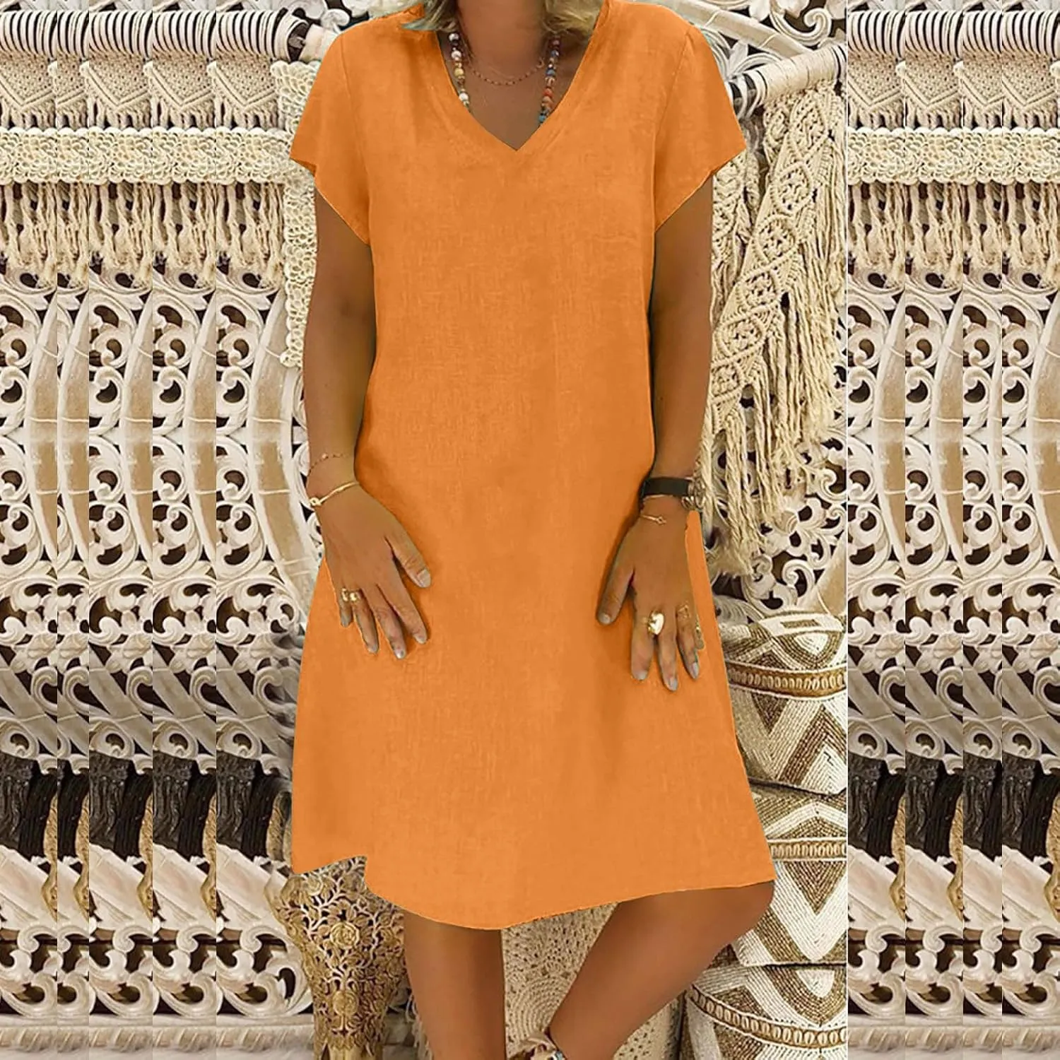 JOAU Women's 2024 Summer Cotton Linen Midi Dress V Neck Beach Vacation Short Sleeve Casual Knee Length Shirt Dresses