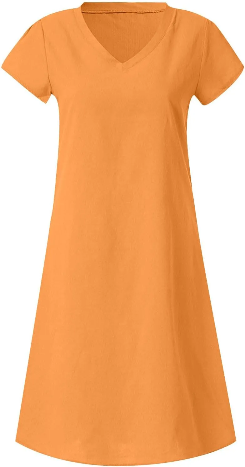 JOAU Women's 2024 Summer Cotton Linen Midi Dress V Neck Beach Vacation Short Sleeve Casual Knee Length Shirt Dresses