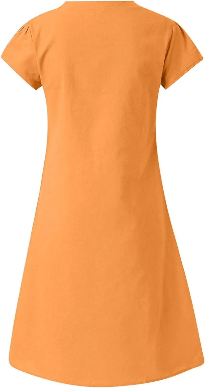JOAU Women's 2024 Summer Cotton Linen Midi Dress V Neck Beach Vacation Short Sleeve Casual Knee Length Shirt Dresses
