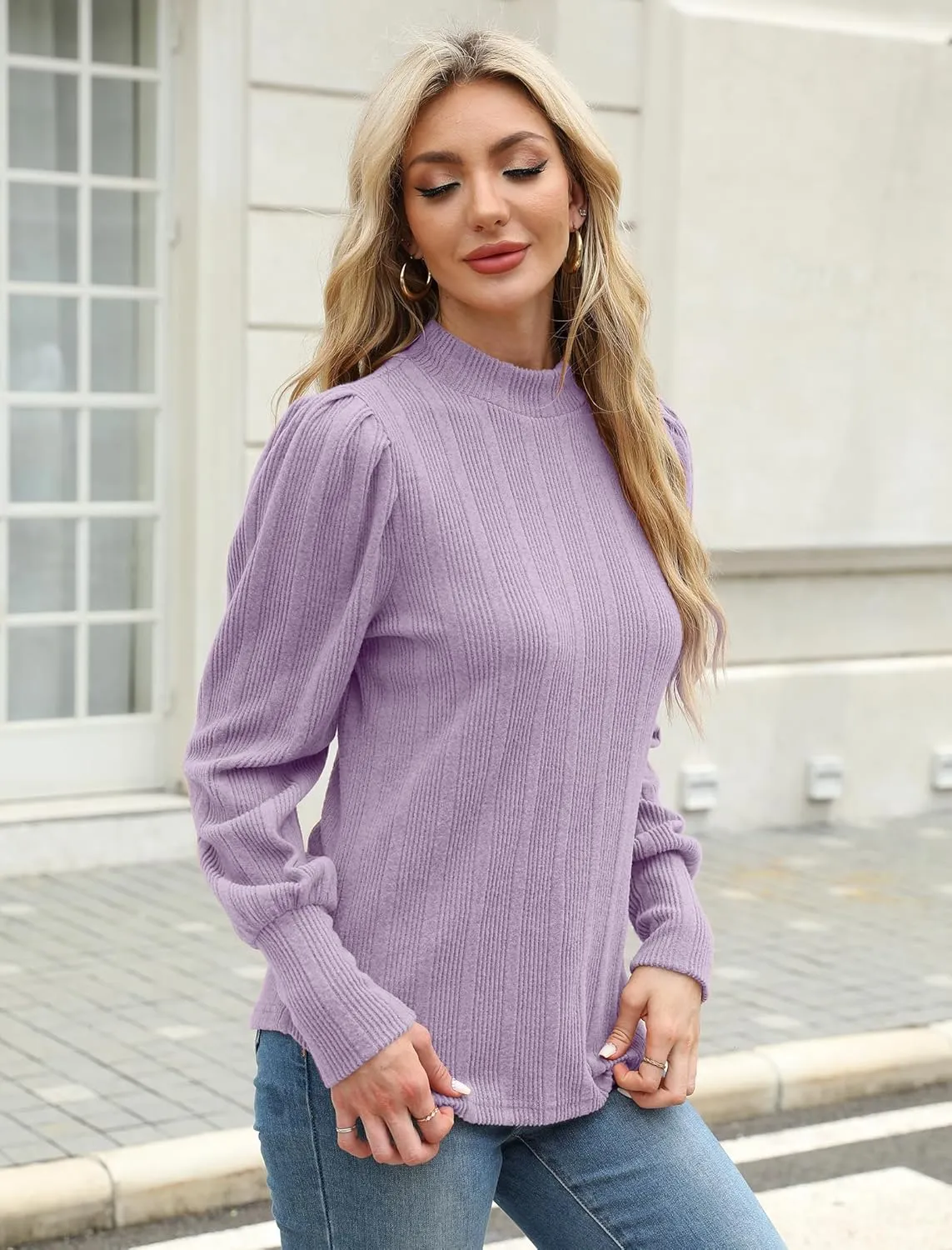 JUSTFASHIONNOW Womens Fall Tops Mock Neck Long Sleeve Shirts Puff Sleeve Sweaters Trendy 2024 Ribbed Knit Pullover Sweater