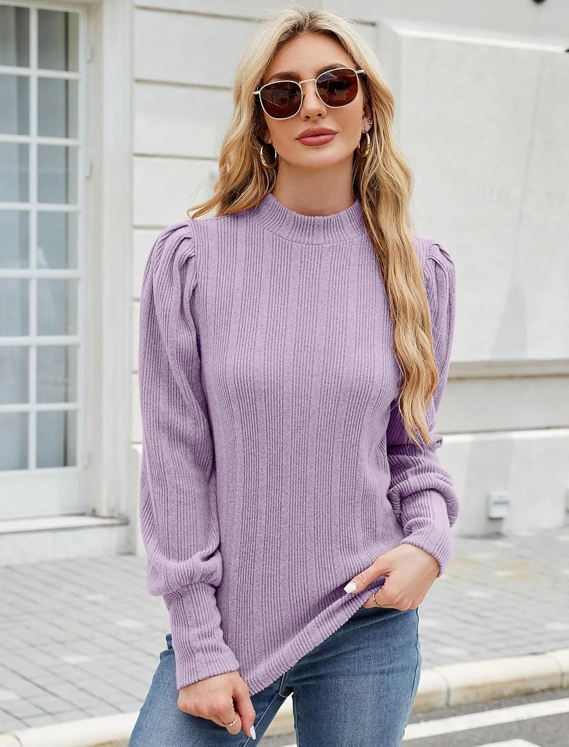 JUSTFASHIONNOW Womens Fall Tops Mock Neck Long Sleeve Shirts Puff Sleeve Sweaters Trendy 2024 Ribbed Knit Pullover Sweater