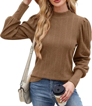 JUSTFASHIONNOW Womens Fall Tops Mock Neck Long Sleeve Shirts Puff Sleeve Sweaters Trendy 2024 Ribbed Knit Pullover Sweater