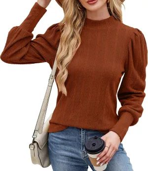 JUSTFASHIONNOW Womens Fall Tops Mock Neck Long Sleeve Shirts Puff Sleeve Sweaters Trendy 2024 Ribbed Knit Pullover Sweater