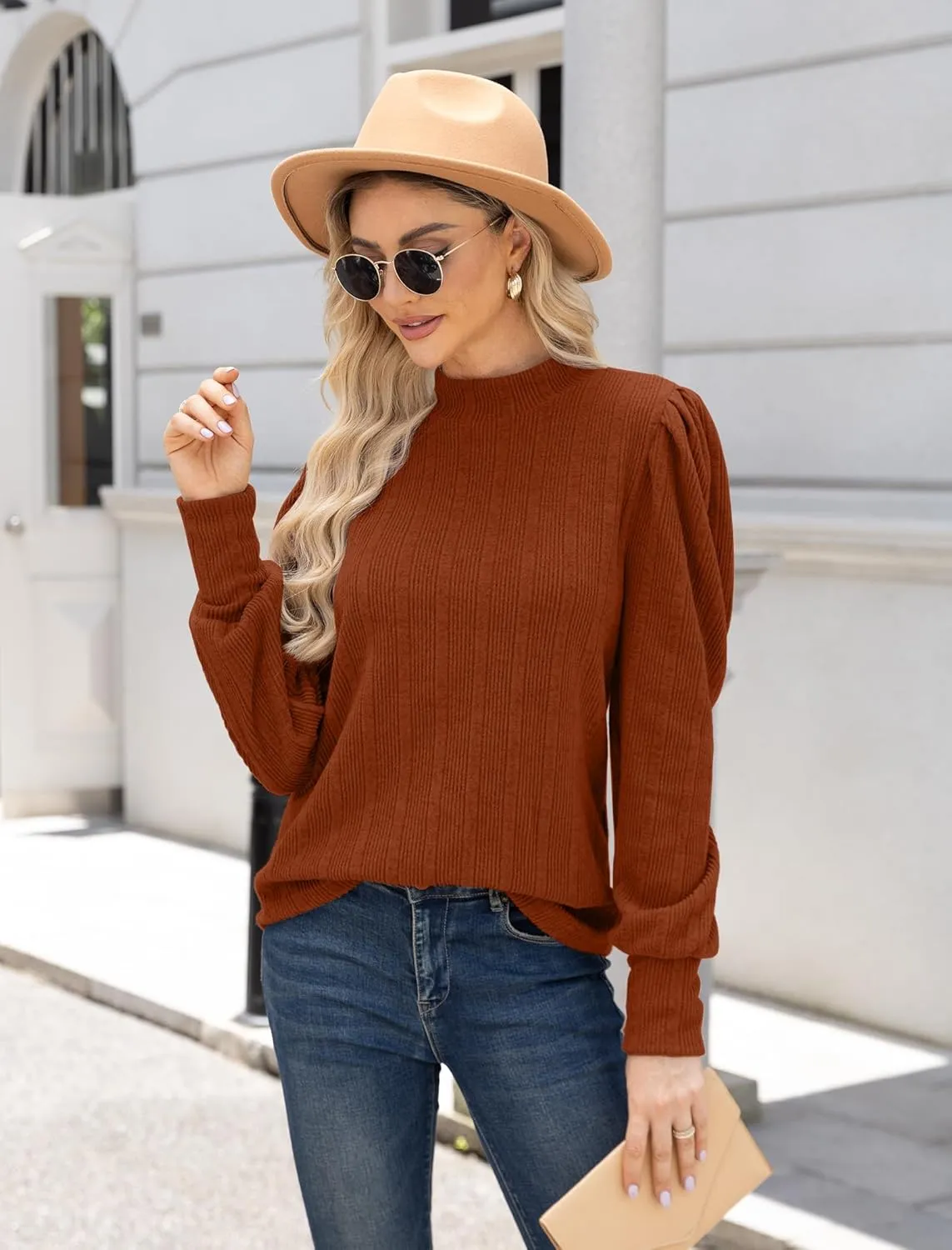 JUSTFASHIONNOW Womens Fall Tops Mock Neck Long Sleeve Shirts Puff Sleeve Sweaters Trendy 2024 Ribbed Knit Pullover Sweater