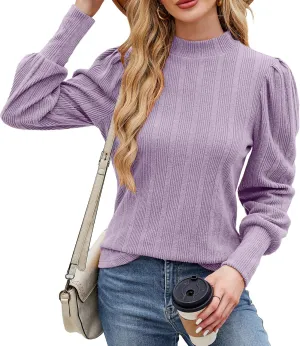 JUSTFASHIONNOW Womens Fall Tops Mock Neck Long Sleeve Shirts Puff Sleeve Sweaters Trendy 2024 Ribbed Knit Pullover Sweater