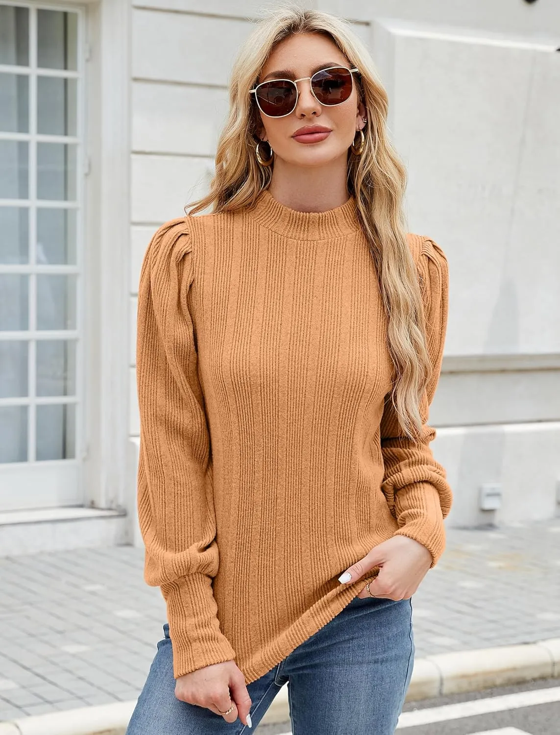 JUSTFASHIONNOW Womens Fall Tops Mock Neck Long Sleeve Shirts Puff Sleeve Sweaters Trendy 2024 Ribbed Knit Pullover Sweater