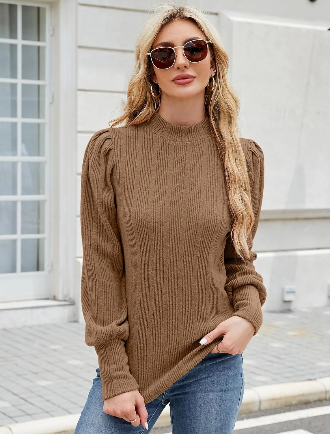JUSTFASHIONNOW Womens Fall Tops Mock Neck Long Sleeve Shirts Puff Sleeve Sweaters Trendy 2024 Ribbed Knit Pullover Sweater
