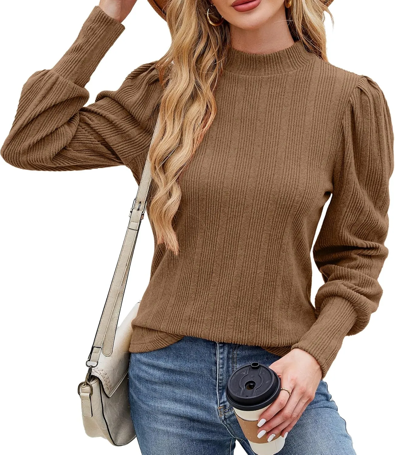 JUSTFASHIONNOW Womens Fall Tops Mock Neck Long Sleeve Shirts Puff Sleeve Sweaters Trendy 2024 Ribbed Knit Pullover Sweater