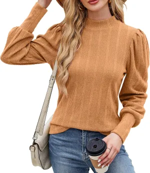 JUSTFASHIONNOW Womens Fall Tops Mock Neck Long Sleeve Shirts Puff Sleeve Sweaters Trendy 2024 Ribbed Knit Pullover Sweater
