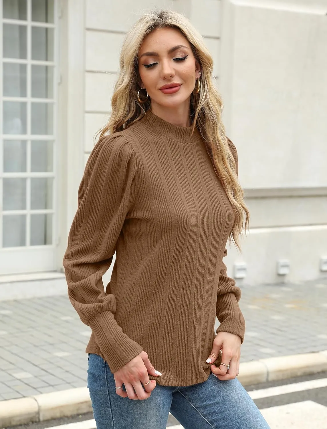 JUSTFASHIONNOW Womens Fall Tops Mock Neck Long Sleeve Shirts Puff Sleeve Sweaters Trendy 2024 Ribbed Knit Pullover Sweater