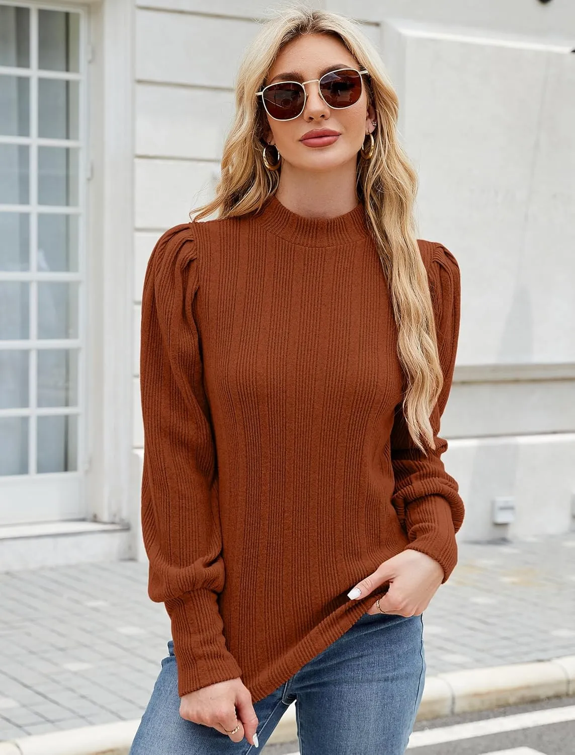 JUSTFASHIONNOW Womens Fall Tops Mock Neck Long Sleeve Shirts Puff Sleeve Sweaters Trendy 2024 Ribbed Knit Pullover Sweater