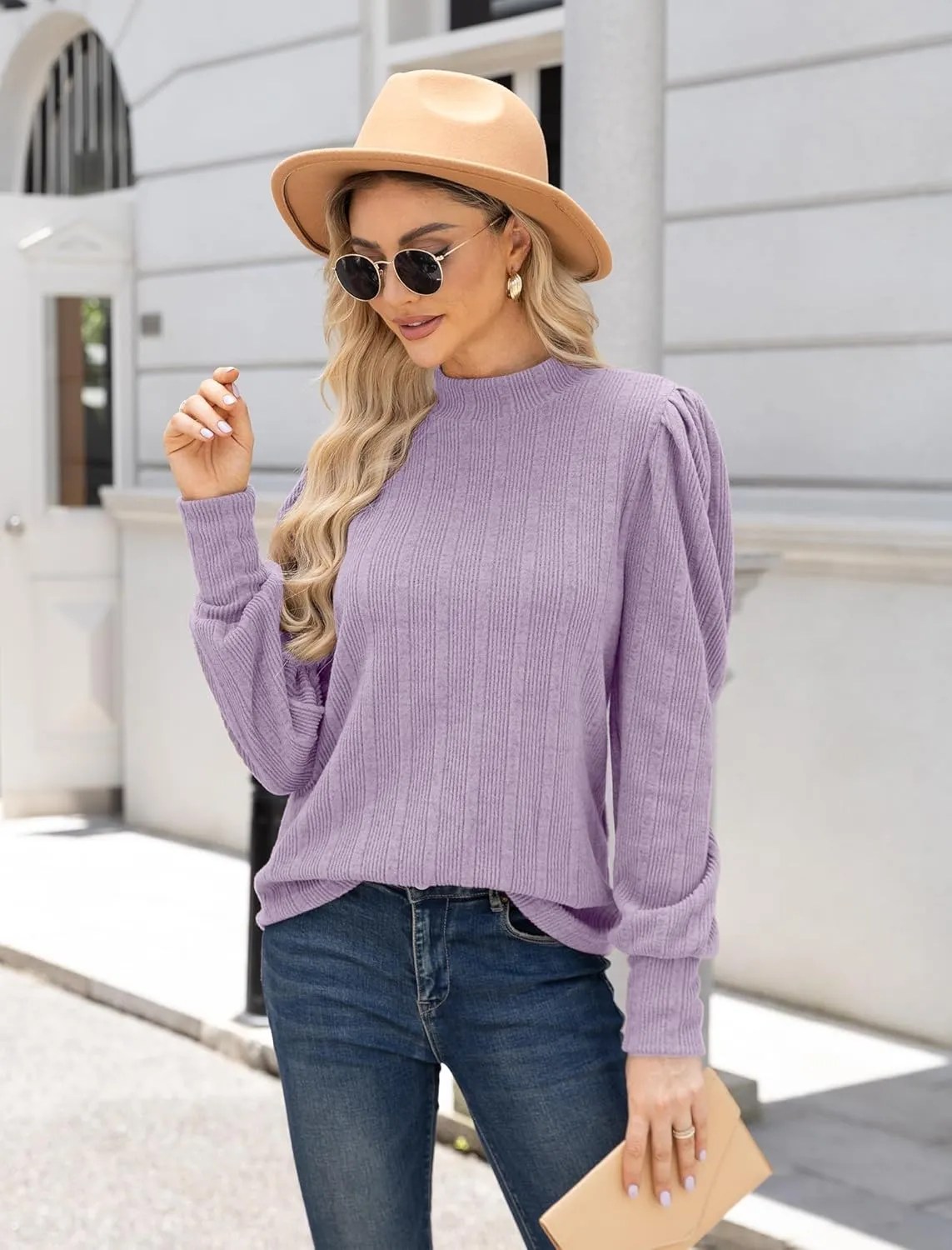 JUSTFASHIONNOW Womens Fall Tops Mock Neck Long Sleeve Shirts Puff Sleeve Sweaters Trendy 2024 Ribbed Knit Pullover Sweater