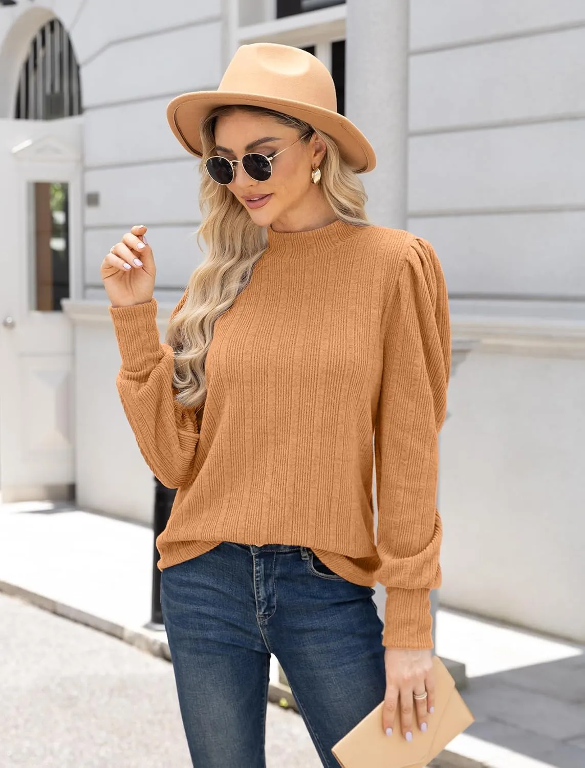 JUSTFASHIONNOW Womens Fall Tops Mock Neck Long Sleeve Shirts Puff Sleeve Sweaters Trendy 2024 Ribbed Knit Pullover Sweater