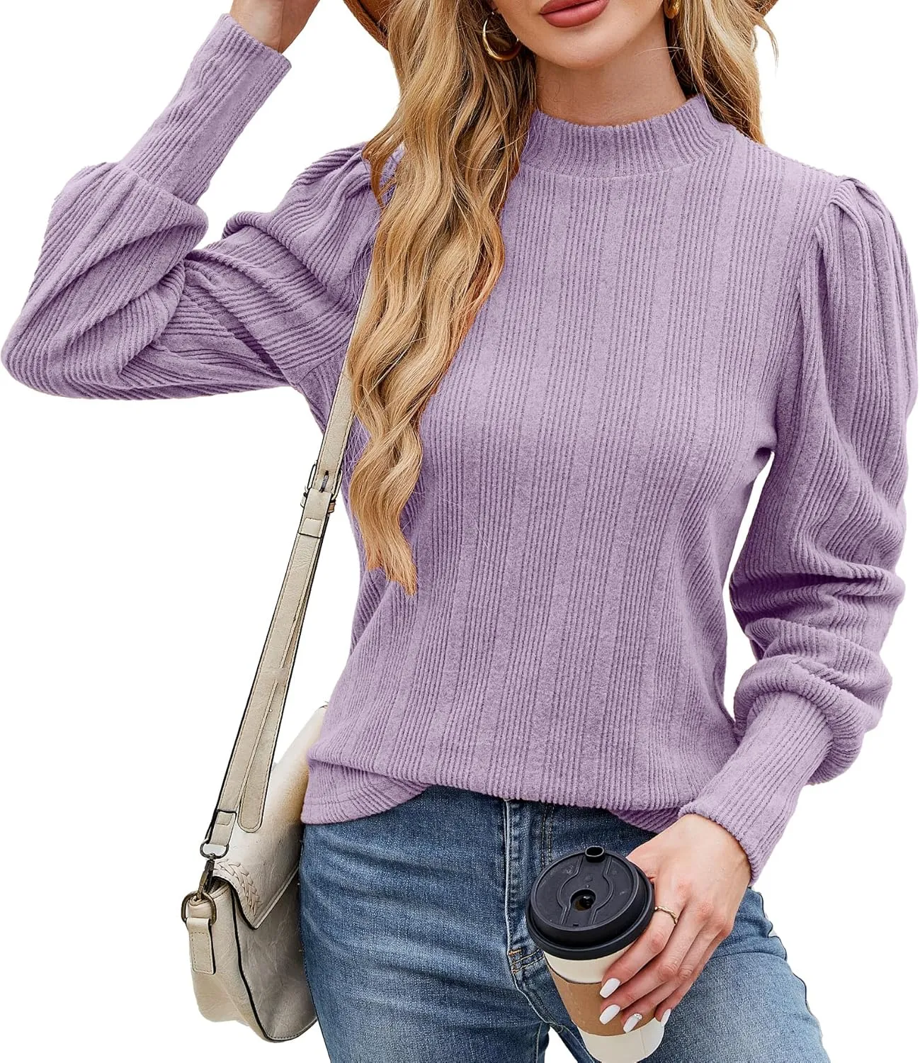 JUSTFASHIONNOW Womens Fall Tops Mock Neck Long Sleeve Shirts Puff Sleeve Sweaters Trendy 2024 Ribbed Knit Pullover Sweater