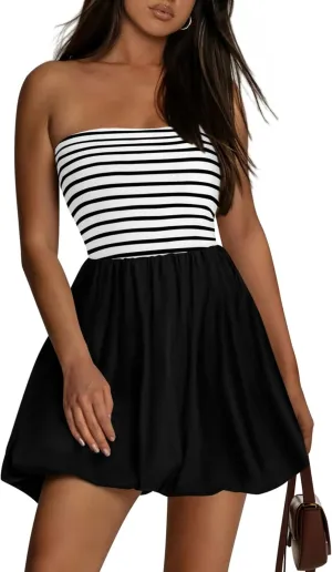 KIRUNDO Strapless Dress for Women Bubble Hem Summer Sexy Tube Top 2025 A Line Patchwork Mini Beach Vacation Sundress