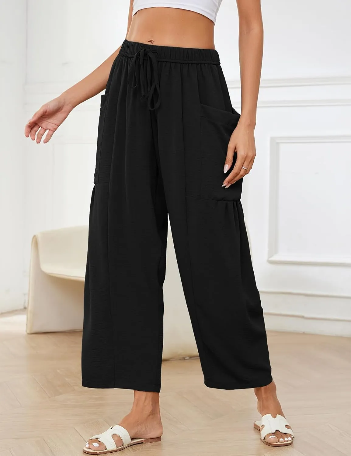 Kissonic Womens Wide Leg Pants Casual Loose Drawstring Flowy Summer Beach Palazzo Harem Pants with Pockets