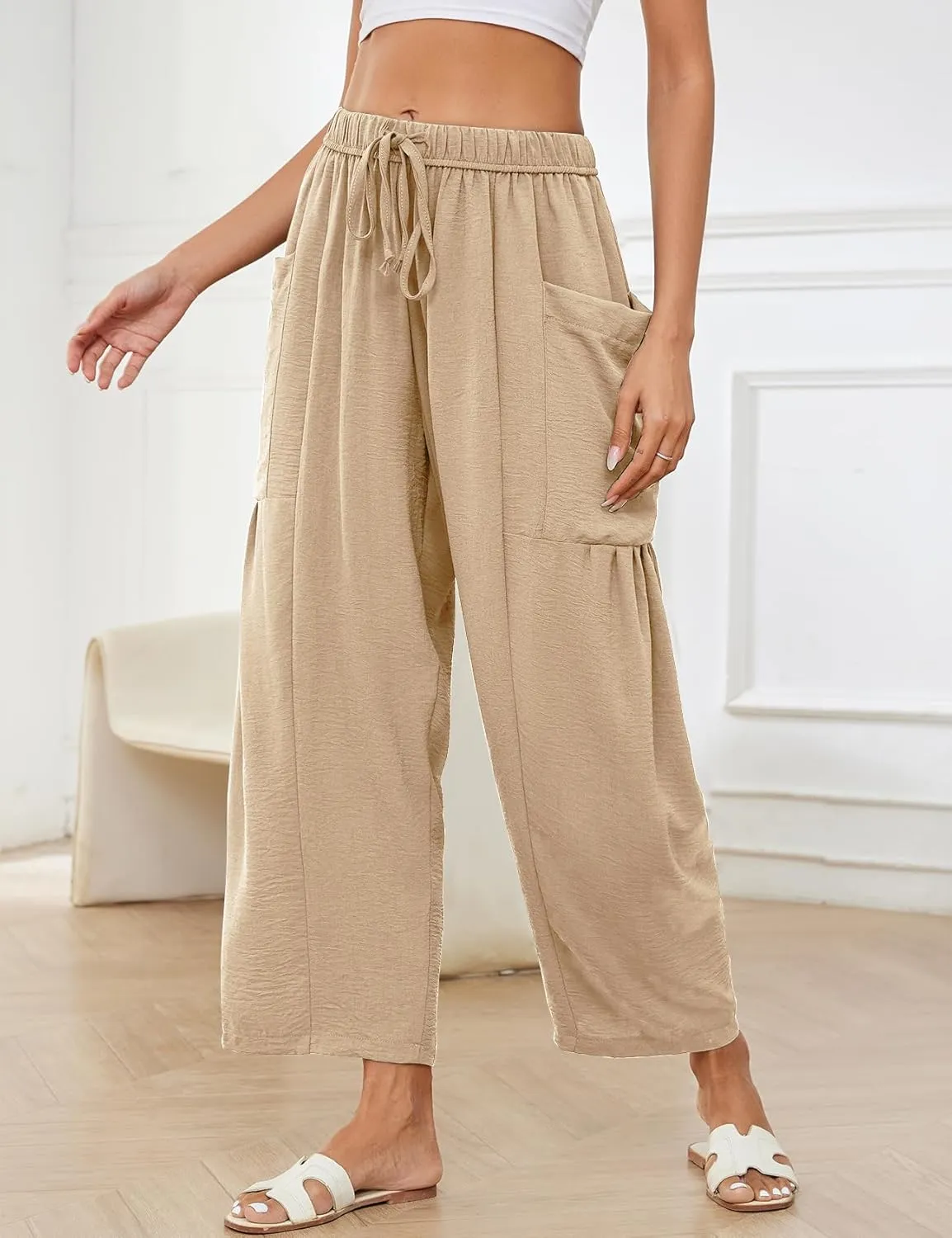 Kissonic Womens Wide Leg Pants Casual Loose Drawstring Flowy Summer Beach Palazzo Harem Pants with Pockets