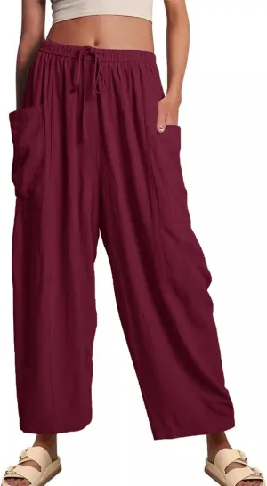 Kissonic Womens Wide Leg Pants Casual Loose Drawstring Flowy Summer Beach Palazzo Harem Pants with Pockets