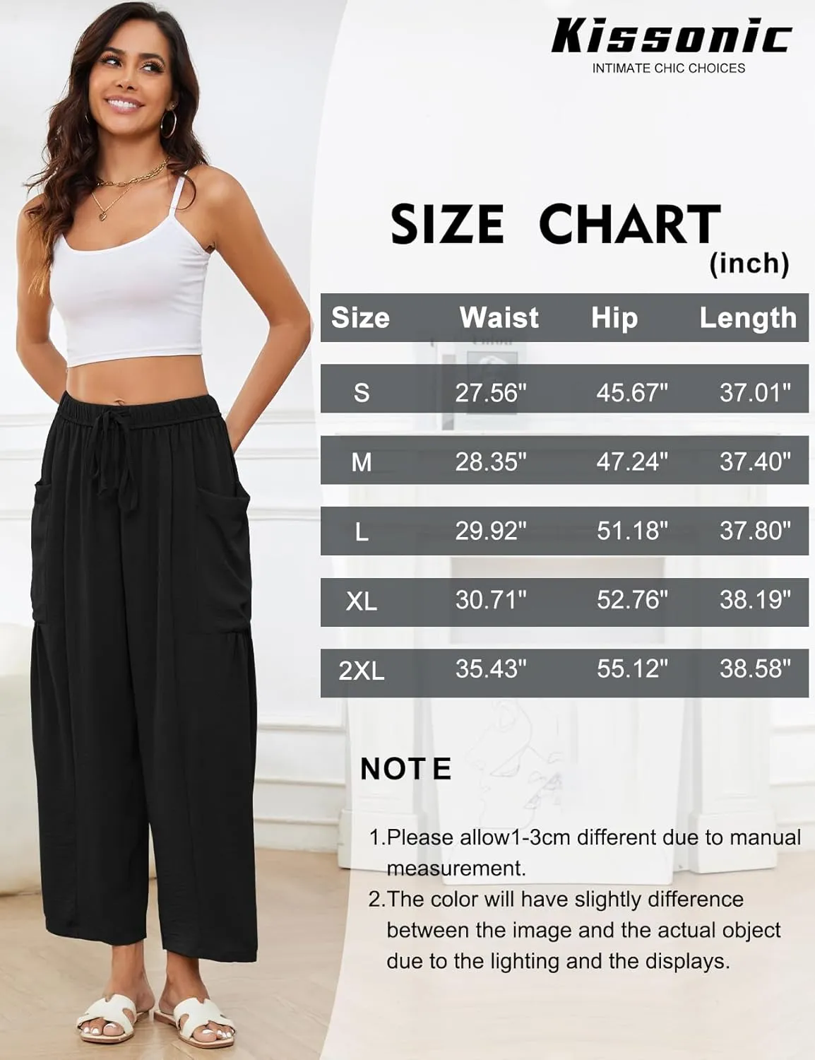Kissonic Womens Wide Leg Pants Casual Loose Drawstring Flowy Summer Beach Palazzo Harem Pants with Pockets