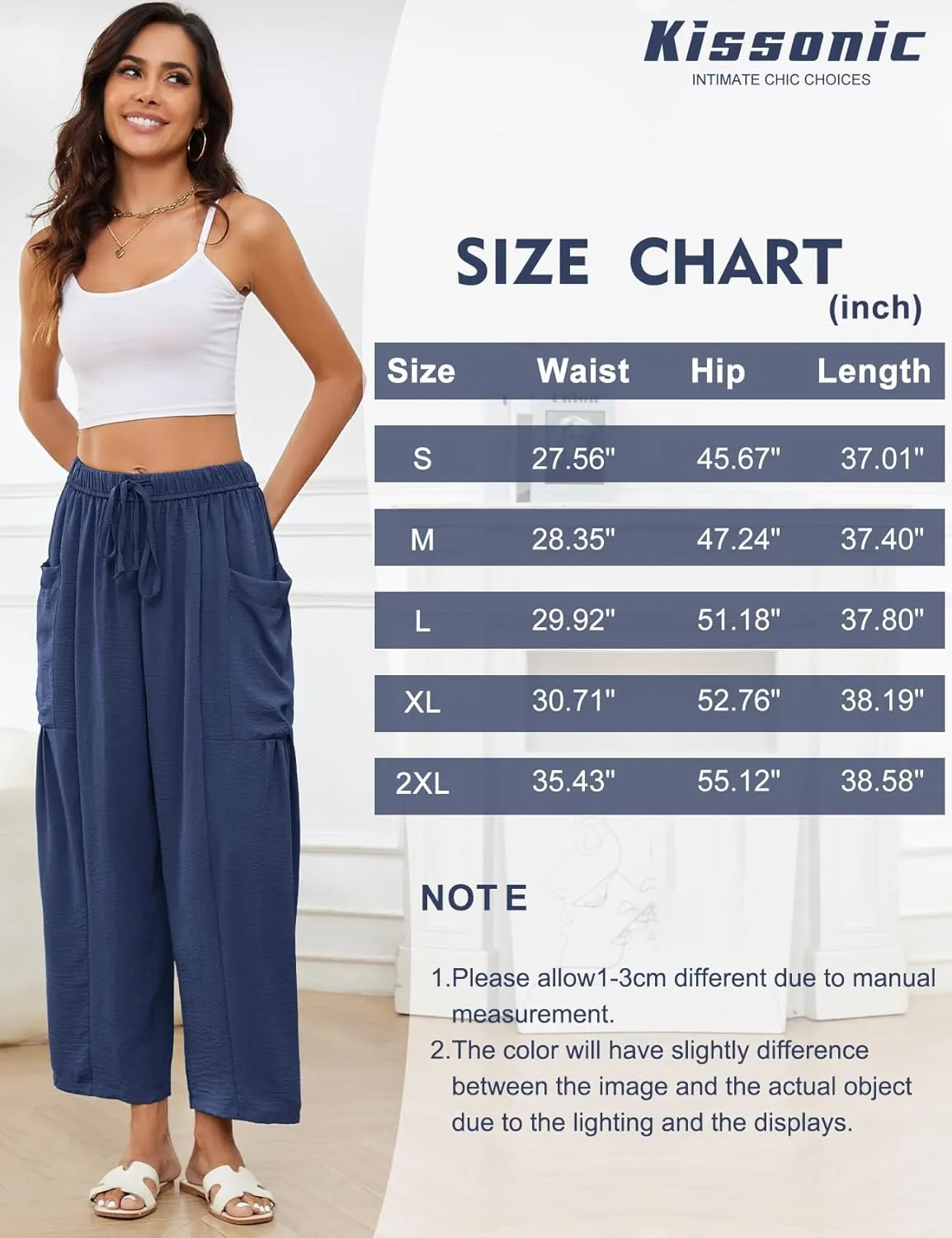 Kissonic Womens Wide Leg Pants Casual Loose Drawstring Flowy Summer Beach Palazzo Harem Pants with Pockets