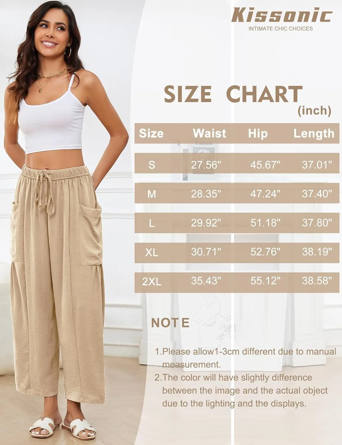 Kissonic Womens Wide Leg Pants Casual Loose Drawstring Flowy Summer Beach Palazzo Harem Pants with Pockets
