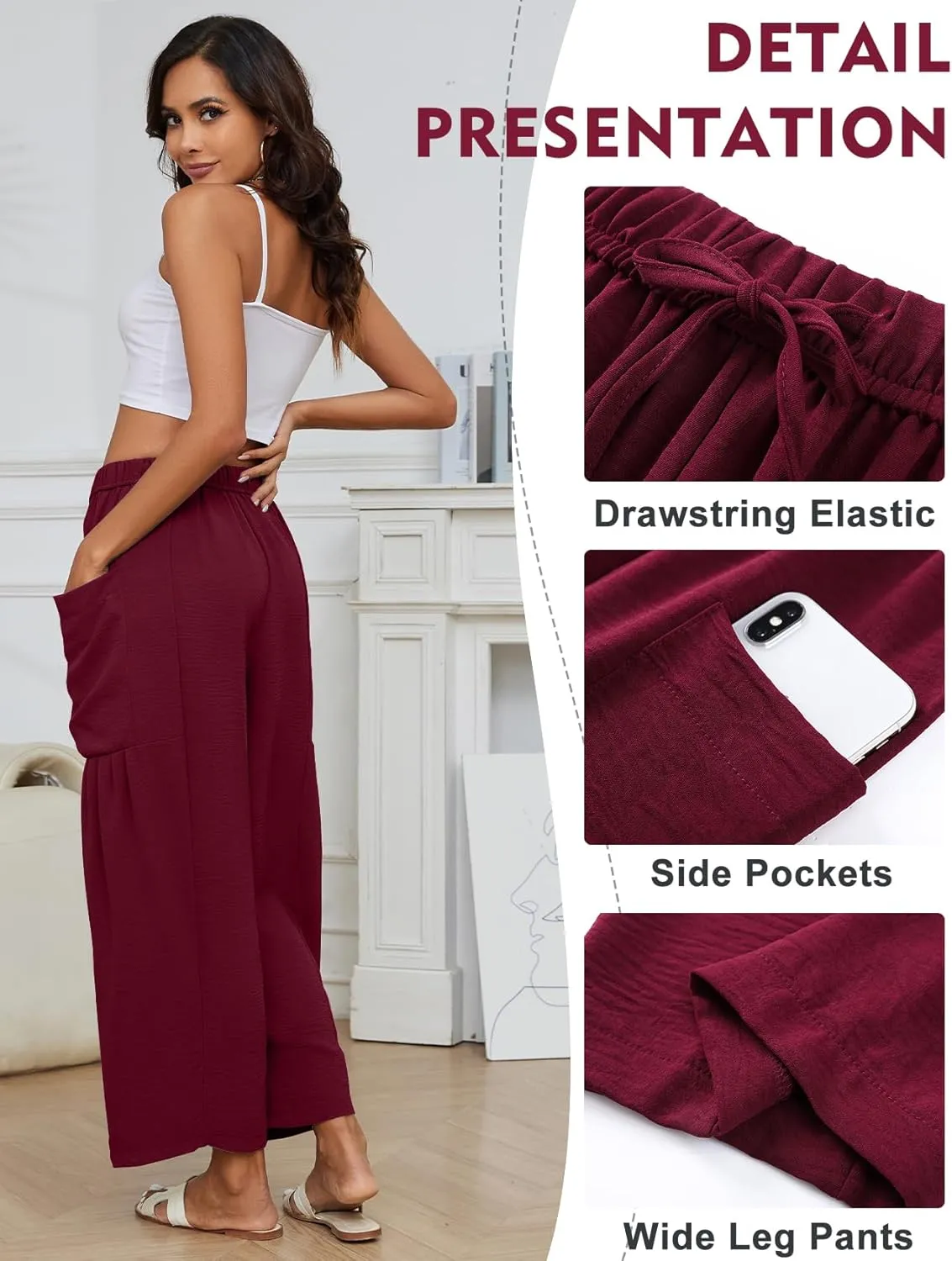 Kissonic Womens Wide Leg Pants Casual Loose Drawstring Flowy Summer Beach Palazzo Harem Pants with Pockets