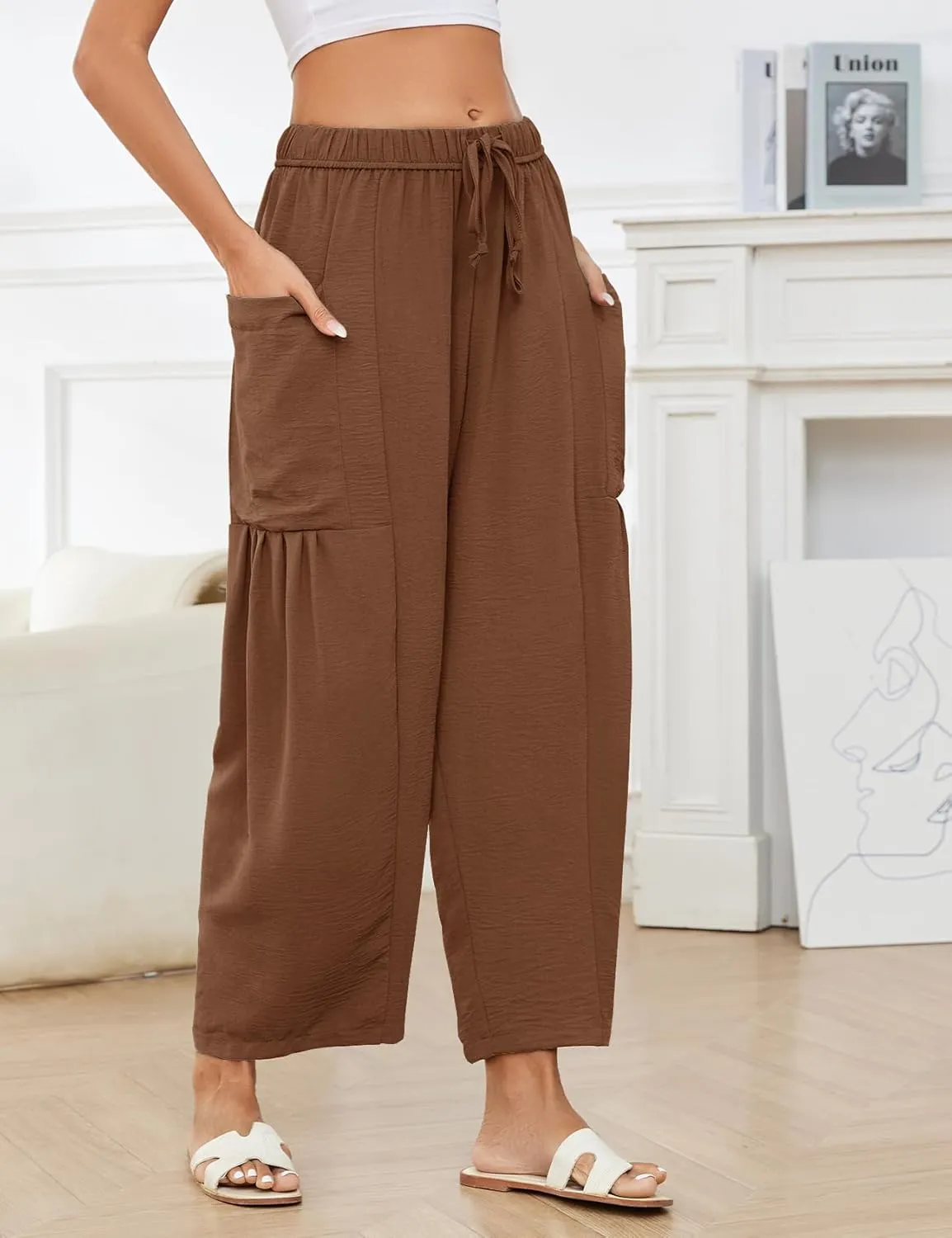 Kissonic Womens Wide Leg Pants Casual Loose Drawstring Flowy Summer Beach Palazzo Harem Pants with Pockets