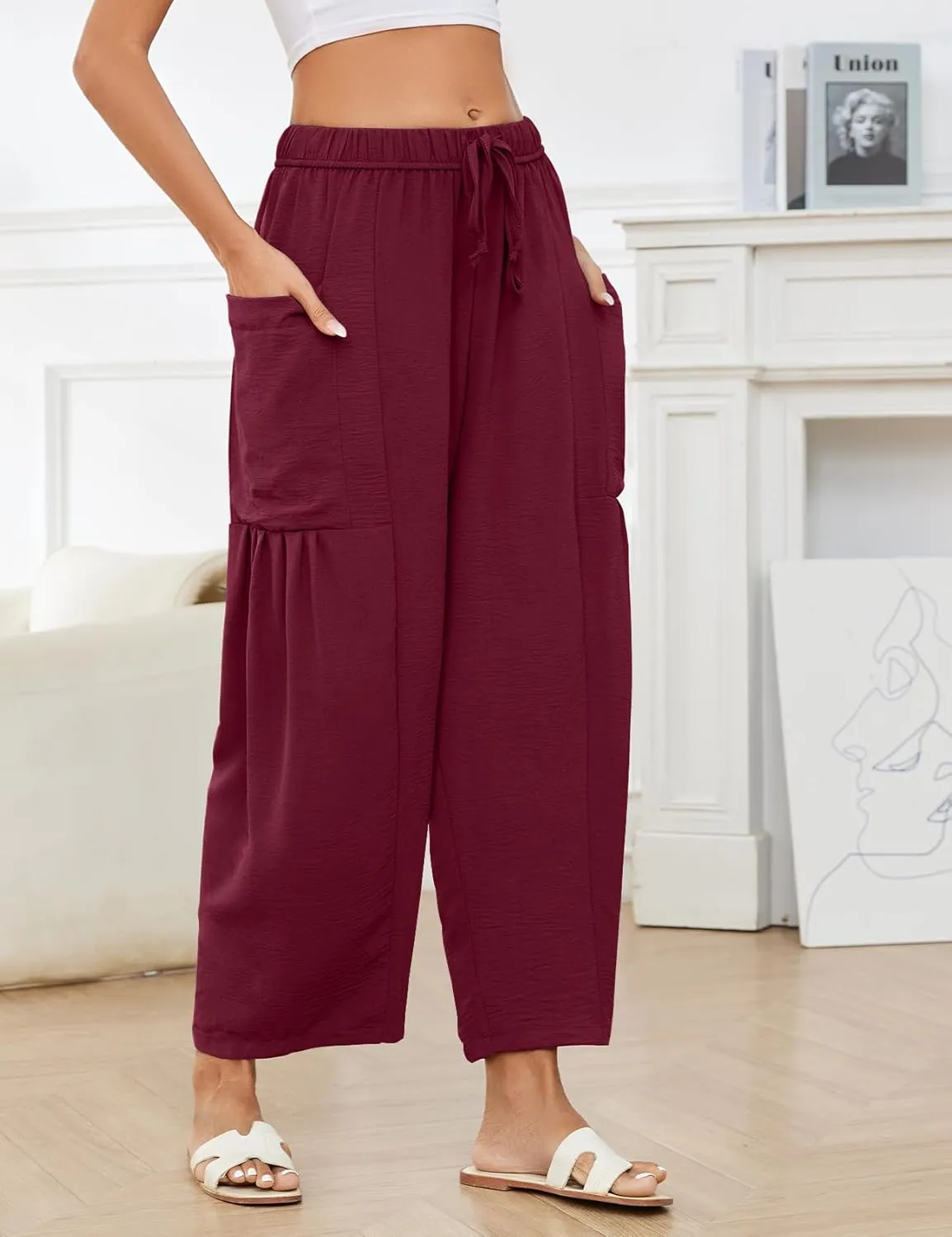 Kissonic Womens Wide Leg Pants Casual Loose Drawstring Flowy Summer Beach Palazzo Harem Pants with Pockets