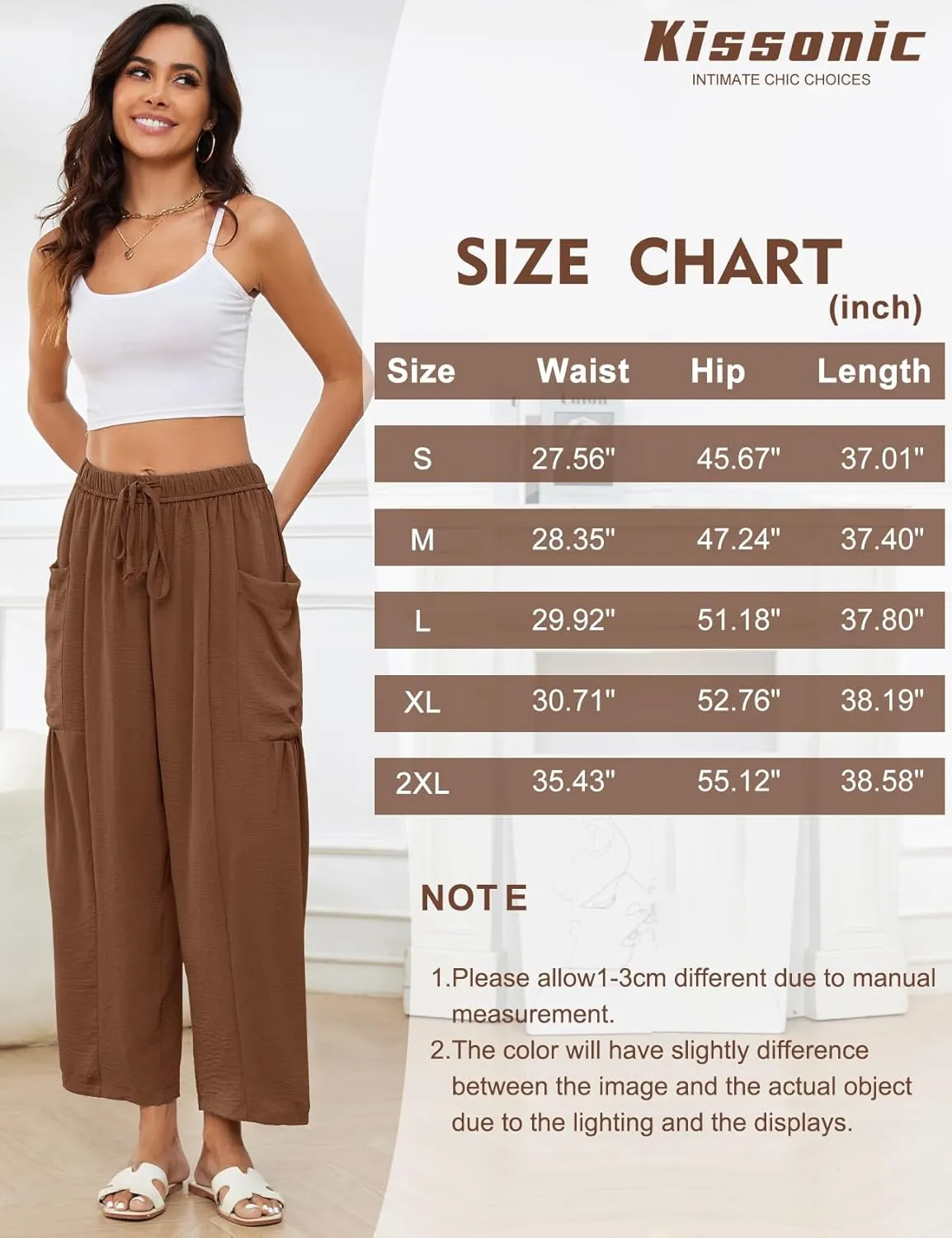 Kissonic Womens Wide Leg Pants Casual Loose Drawstring Flowy Summer Beach Palazzo Harem Pants with Pockets