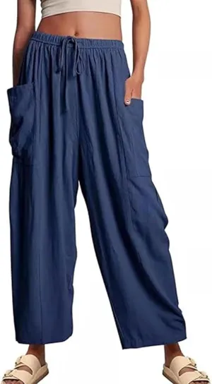 Kissonic Womens Wide Leg Pants Casual Loose Drawstring Flowy Summer Beach Palazzo Harem Pants with Pockets