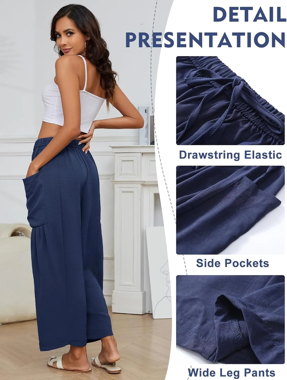 Kissonic Womens Wide Leg Pants Casual Loose Drawstring Flowy Summer Beach Palazzo Harem Pants with Pockets
