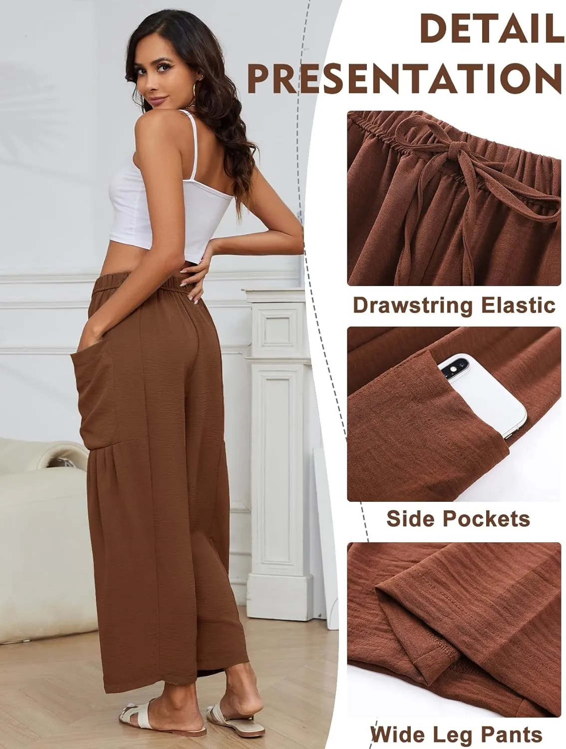 Kissonic Womens Wide Leg Pants Casual Loose Drawstring Flowy Summer Beach Palazzo Harem Pants with Pockets