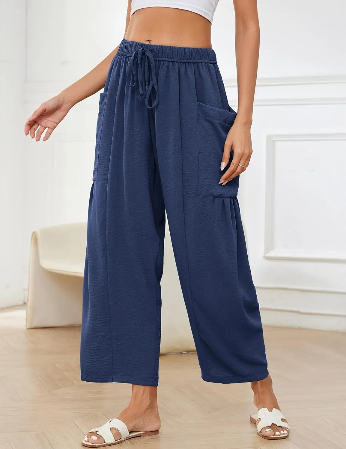 Kissonic Womens Wide Leg Pants Casual Loose Drawstring Flowy Summer Beach Palazzo Harem Pants with Pockets