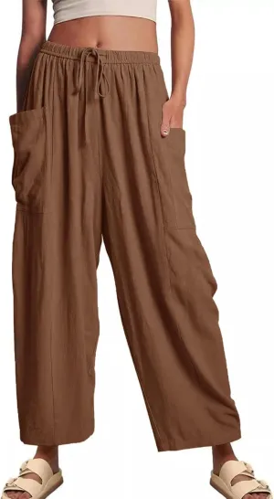 Kissonic Womens Wide Leg Pants Casual Loose Drawstring Flowy Summer Beach Palazzo Harem Pants with Pockets