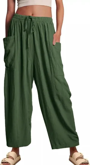 Kissonic Womens Wide Leg Pants Casual Loose Drawstring Flowy Summer Beach Palazzo Harem Pants with Pockets