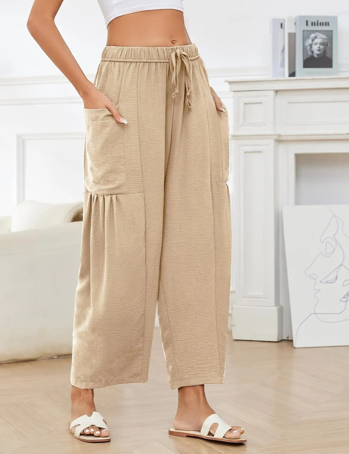Kissonic Womens Wide Leg Pants Casual Loose Drawstring Flowy Summer Beach Palazzo Harem Pants with Pockets