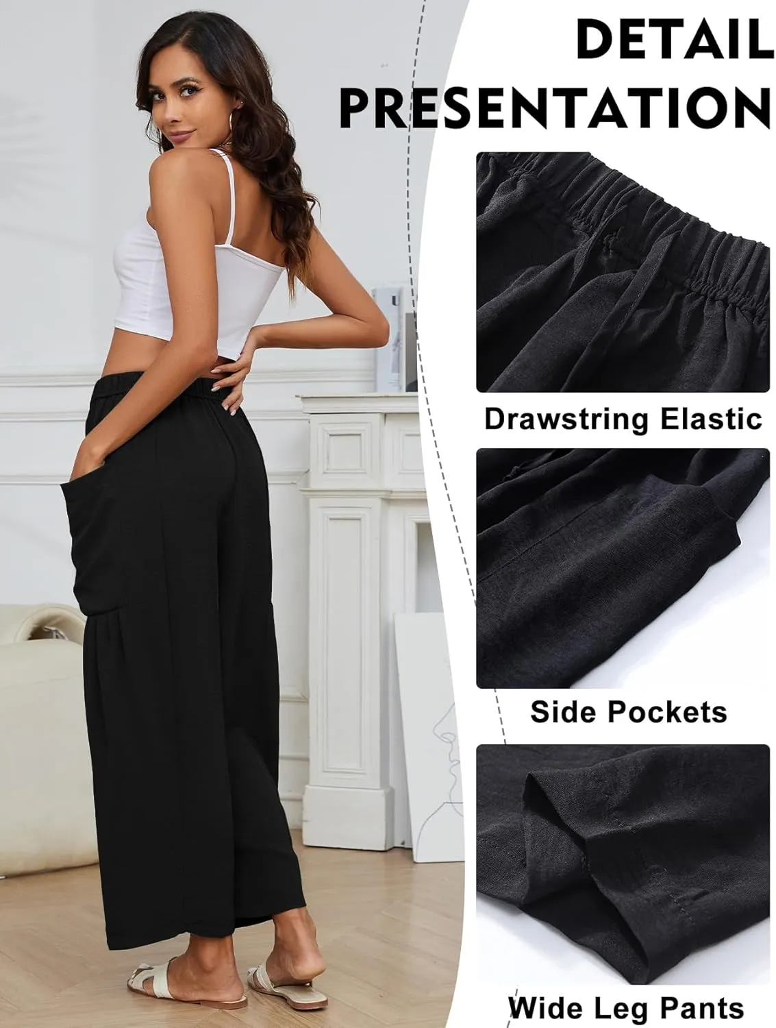 Kissonic Womens Wide Leg Pants Casual Loose Drawstring Flowy Summer Beach Palazzo Harem Pants with Pockets