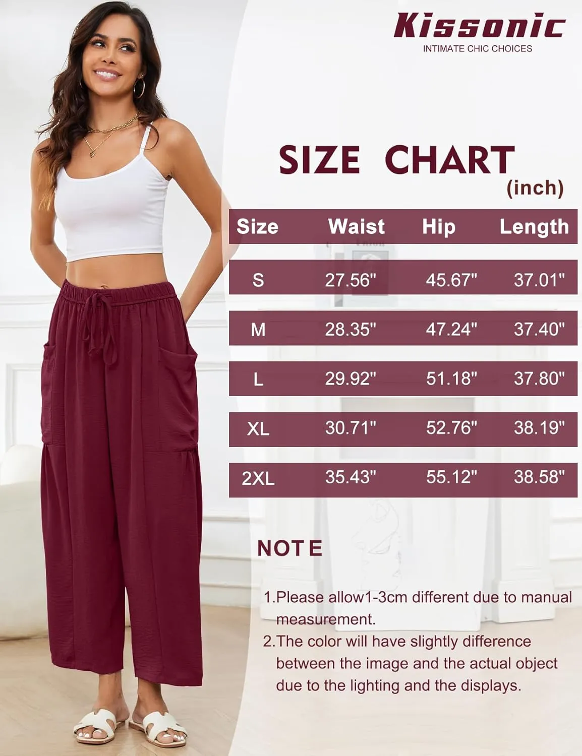 Kissonic Womens Wide Leg Pants Casual Loose Drawstring Flowy Summer Beach Palazzo Harem Pants with Pockets