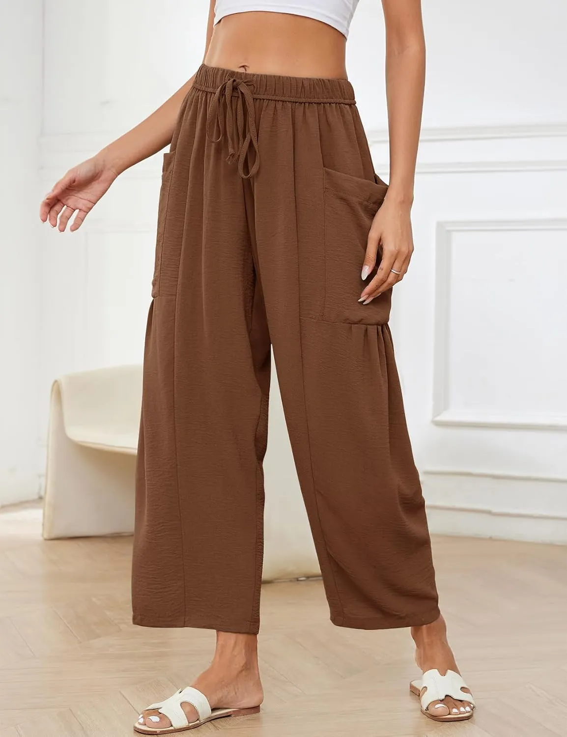 Kissonic Womens Wide Leg Pants Casual Loose Drawstring Flowy Summer Beach Palazzo Harem Pants with Pockets