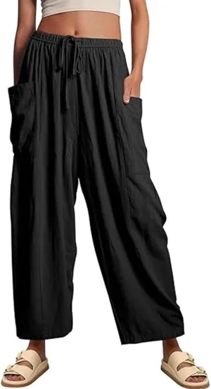 Kissonic Womens Wide Leg Pants Casual Loose Drawstring Flowy Summer Beach Palazzo Harem Pants with Pockets