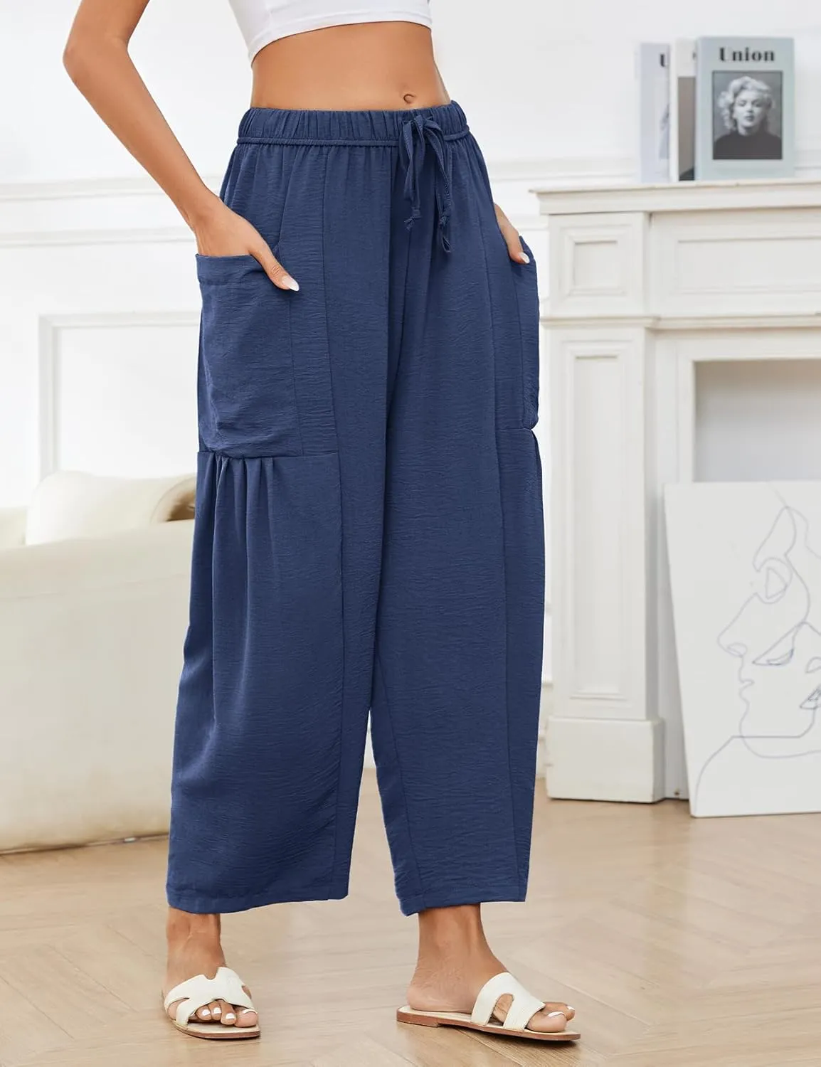 Kissonic Womens Wide Leg Pants Casual Loose Drawstring Flowy Summer Beach Palazzo Harem Pants with Pockets