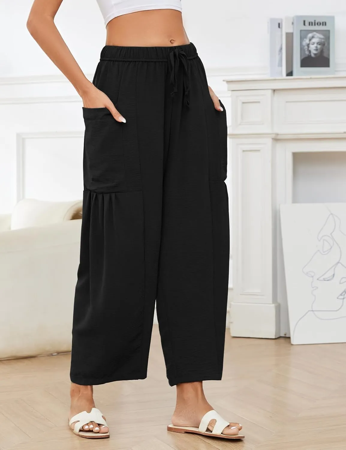 Kissonic Womens Wide Leg Pants Casual Loose Drawstring Flowy Summer Beach Palazzo Harem Pants with Pockets