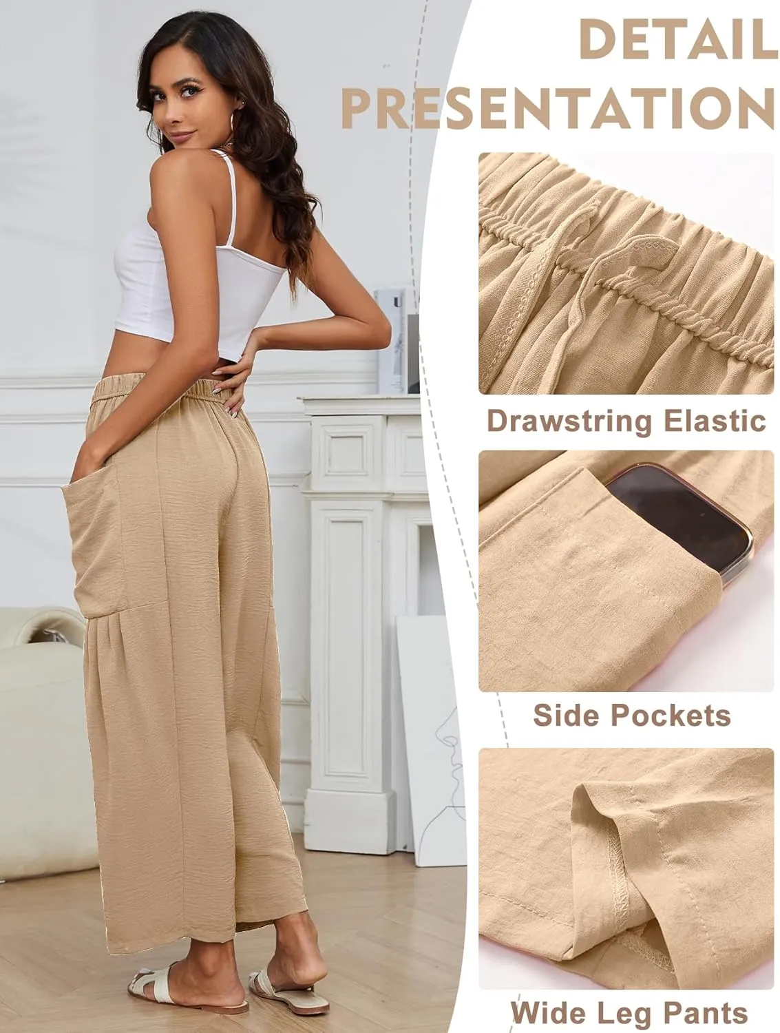 Kissonic Womens Wide Leg Pants Casual Loose Drawstring Flowy Summer Beach Palazzo Harem Pants with Pockets