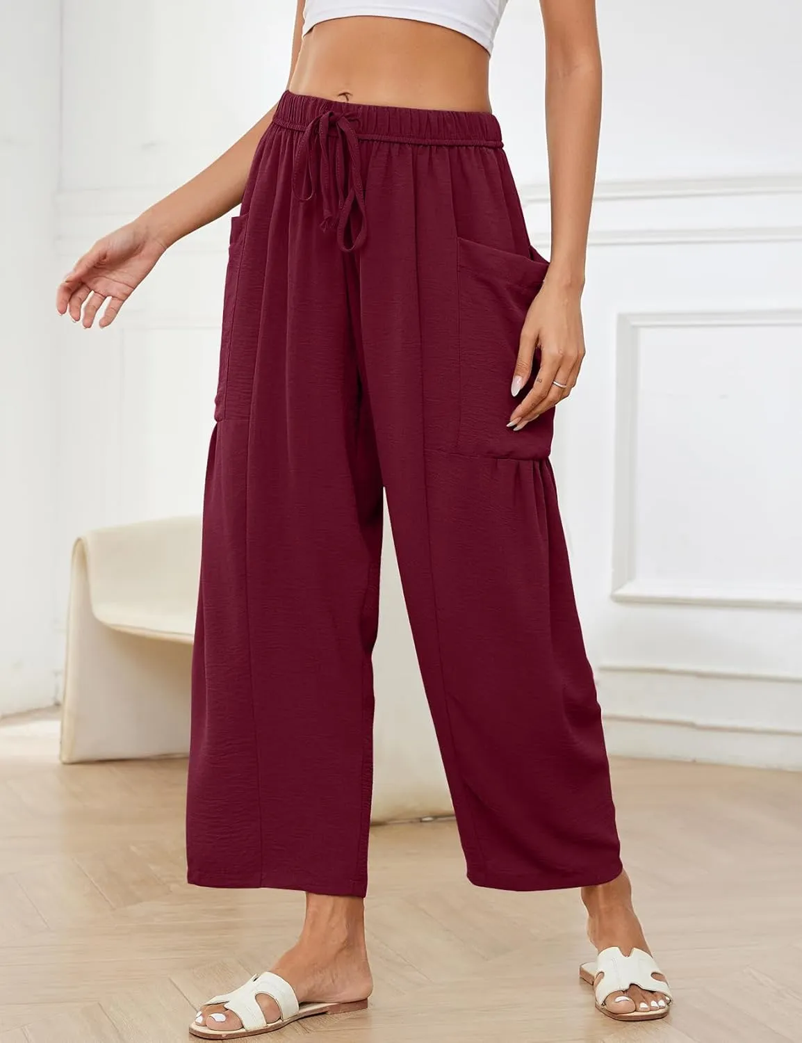 Kissonic Womens Wide Leg Pants Casual Loose Drawstring Flowy Summer Beach Palazzo Harem Pants with Pockets