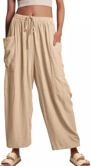 Kissonic Womens Wide Leg Pants Casual Loose Drawstring Flowy Summer Beach Palazzo Harem Pants with Pockets