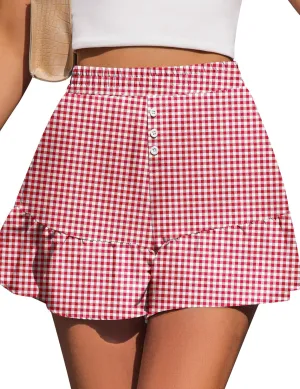Kistore Womens Shorts Summer Casual Ruffle Y2K Trendy Button High Waisted Skorts Mini Comfy Plaid Short XS-XL