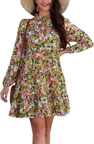 Kormei Women's Long Sleeve Boho Floral Ruffle Mock Neck Tiered Mini Babydoll Casual Swing Tunic Shift Dress
